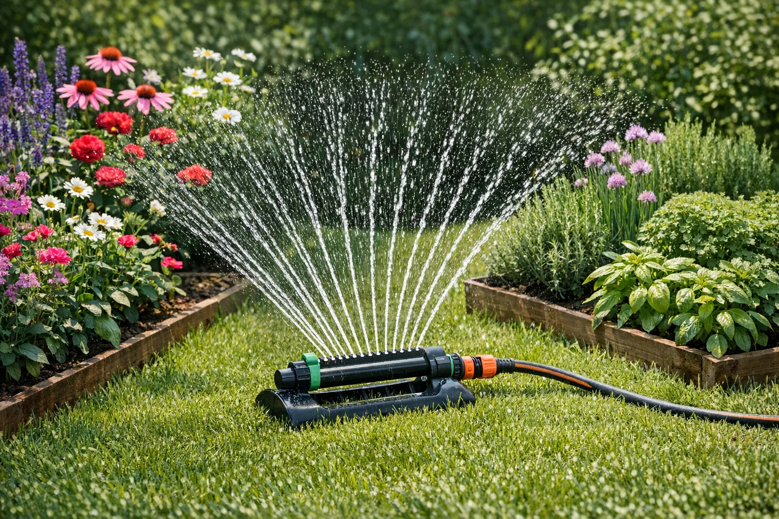 Rasensprenger fuer Rasen, Blumenbeete und Kraeutergaerten richtig anwenden